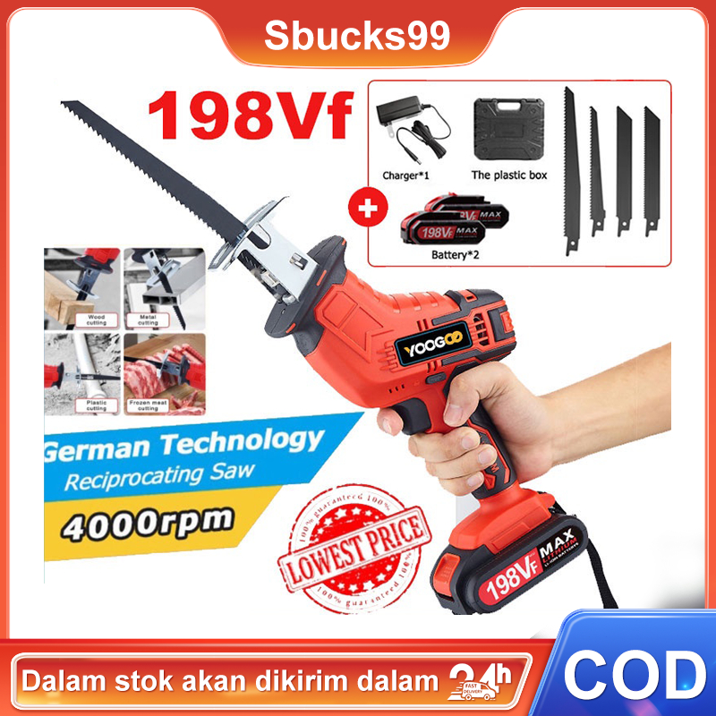 198VF Portable Reciprocating Saw Cordless Mini Chainsaw Mesin Gergaji Besi Kayu Handheld Saw with Rechargeable Battery for Wood Cutting Power Tools 4 Blades