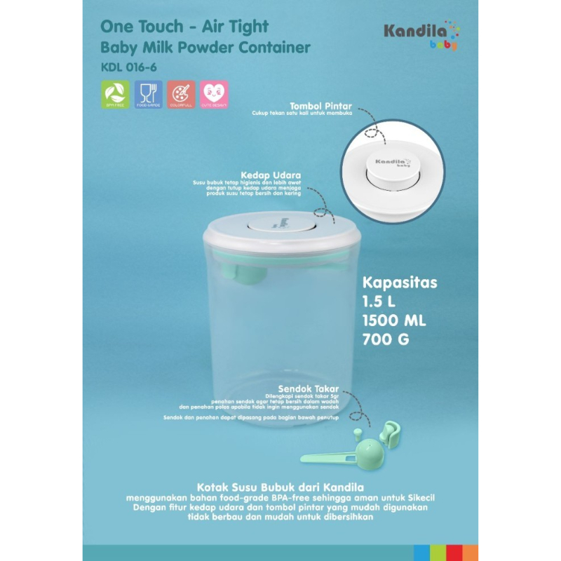 Kandila Baby One Touch Air Tight Milk Powder Container 1.5 Ltr KDL016-6 Tempat Susu Bubuk Bayi 1500ml