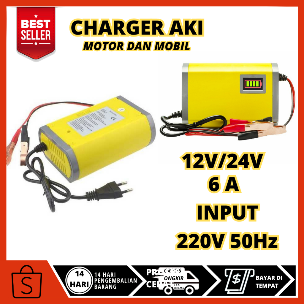 Charger Aki Portable 12V/6A Mobil Motor Accu Charger Portable Otomatis 12Volt 6Ampere Charger Aki Po