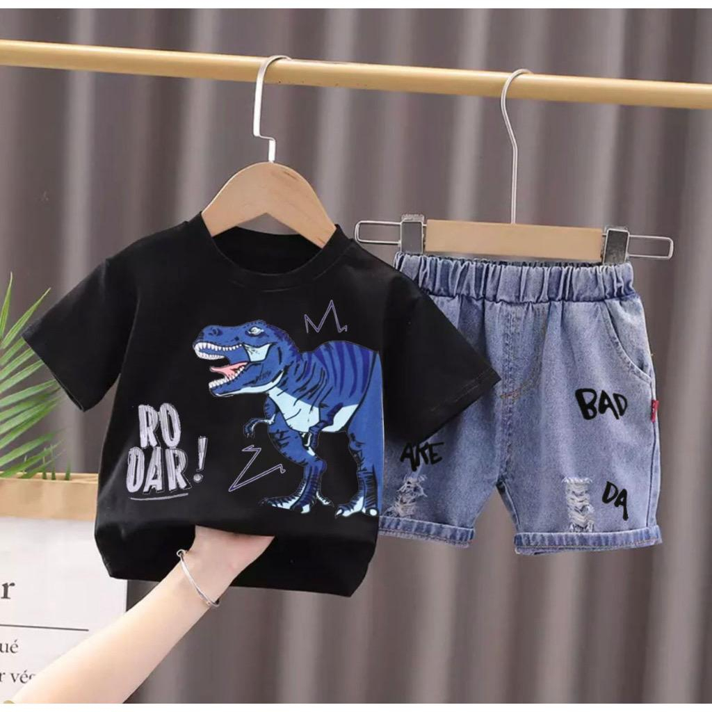 setelan baju kaos dan celana jeans pendek anak import 1-5 tahun motif dino raor/ fashion anak kekinian/ outfid