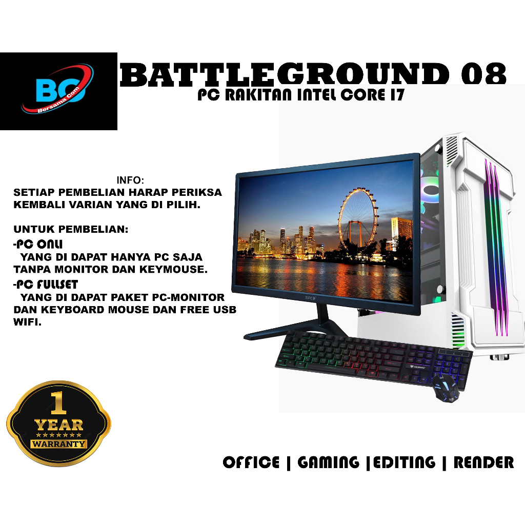 PC GAMING INTEL CORE I7 RAM 8 GB SSD128GB MONITOR 19 INCH VGA  4GB