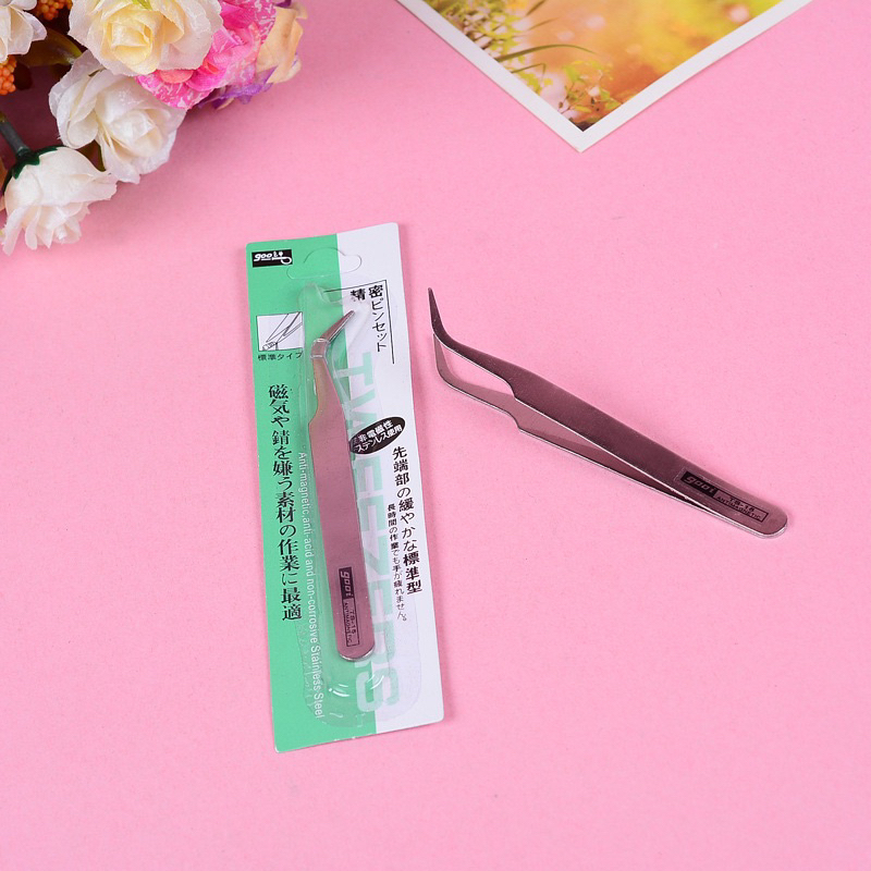 Pinset Bulu Mata Bengkok Tweezer Hijau Silver