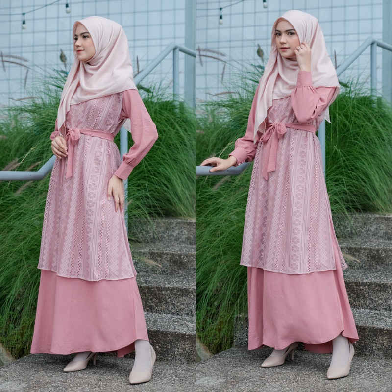 Gamis Brokat Wanita Elegan Kombinasi Airflow Crinkle by CLEOSA