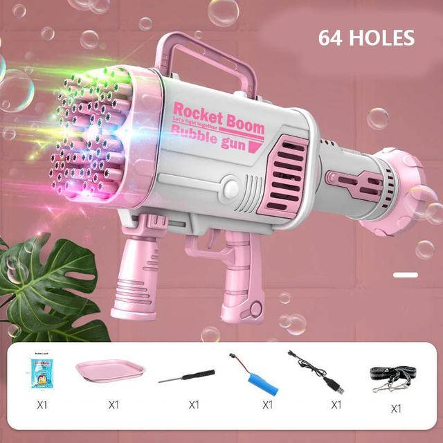 Mainan tembakan gelembung sabun bubble gun roket bazooka 64 lubang warna pink hobi koleksi anak outd