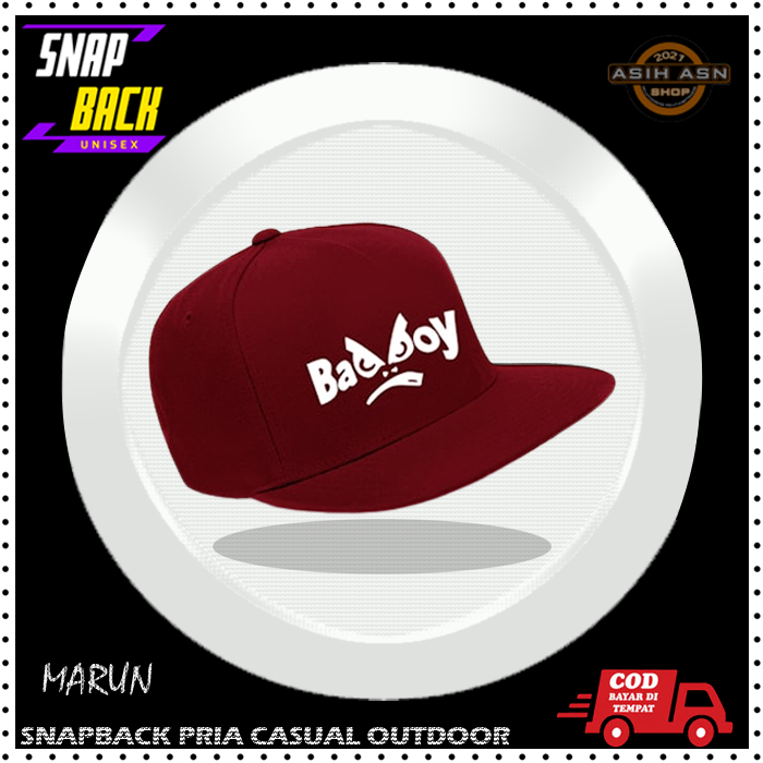 Topi Pria / Snapback Hat / Hip Hop / New Style / Topi Snapback BadBoy Marun Tex Putih / Topi Cowok K