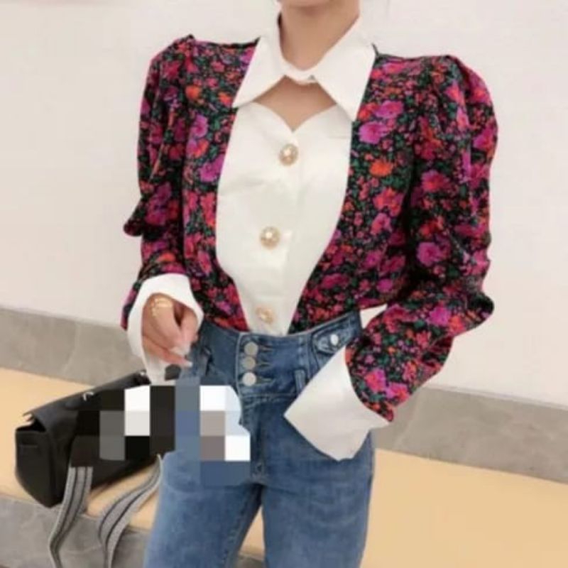 2469 Atasan baju blus blouse kemeja lengan panjang bunga kancing kerah bunga bunga kecil Korean styl