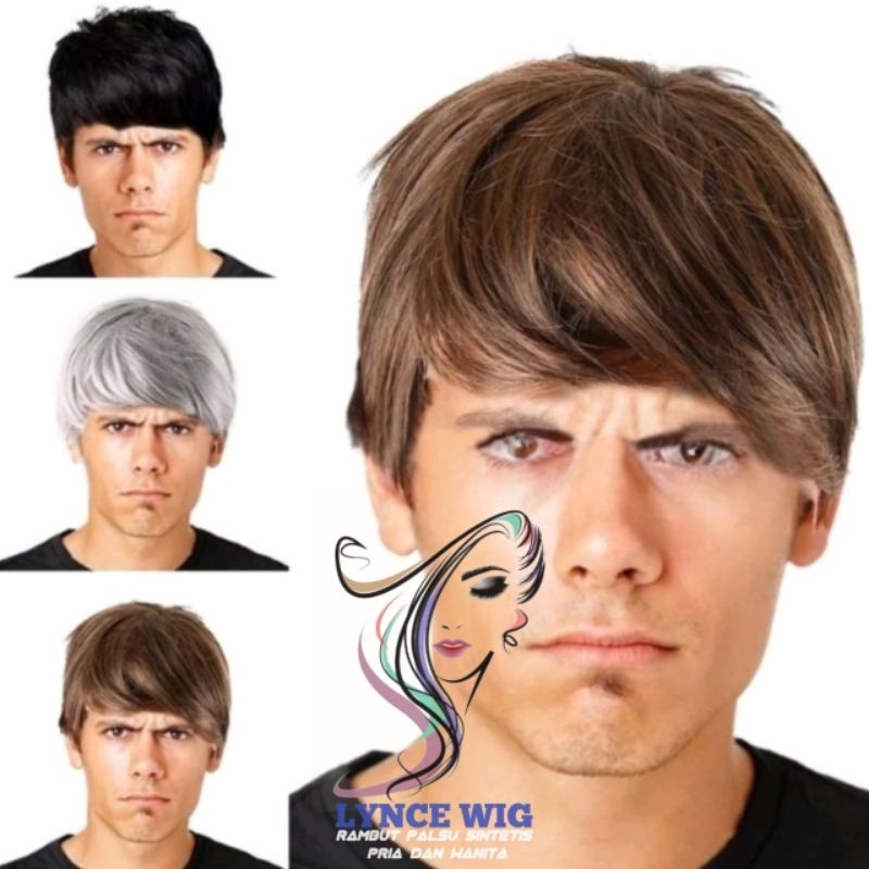 Wig Pria Korea Premium Pendek Belah Samling Rambut Palsu Cowok Poni Lurus Warna Coklat Putih dan Hit