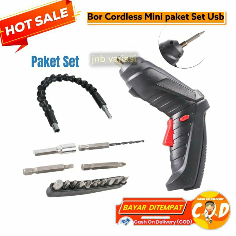 Bor Obeng baterai Cordless Mini  Usb Set mata obeng Murah Bonus selang fleksibel obeng Lengkap set B
