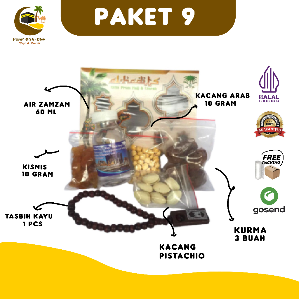 

Paket 9 oleh oleh haji dan umroh air zamzam ori + PISTACHIO + Tasbih kayu