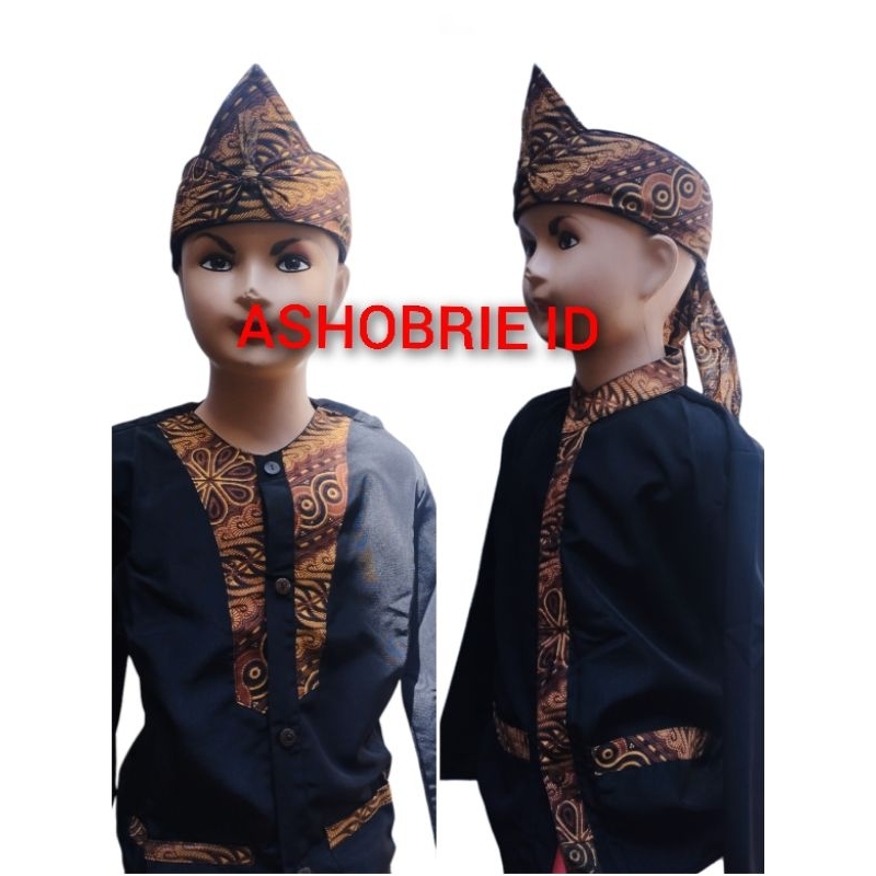 komplit 1_18 Stelan baju pangsi anak batik cokelat model leher plus iket/baju tradisional khas sunda