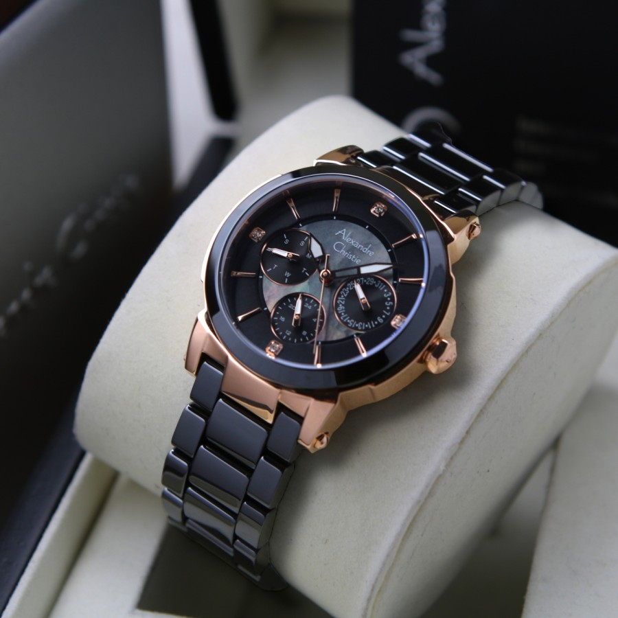 [Free Baterai] JAM TANGAN WANITA ALEXANDRE CHRISTIE AC 2517 ROSEGOLD BLACK CERAMIC ORIGINAL GARANSI RESMI 1 TAHUN