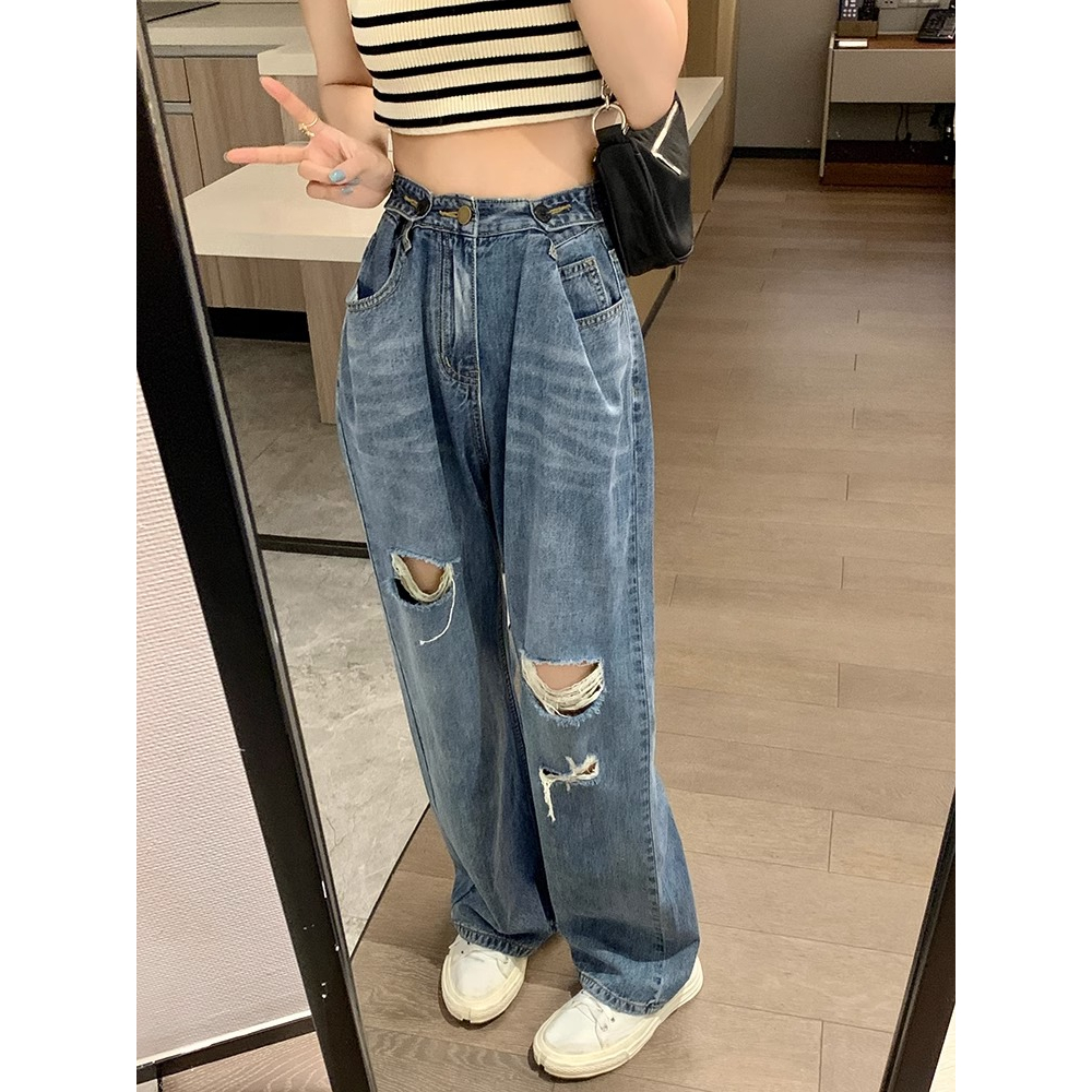 Biru Retro Highwaist Robek Celana Jeans Wanita Loose