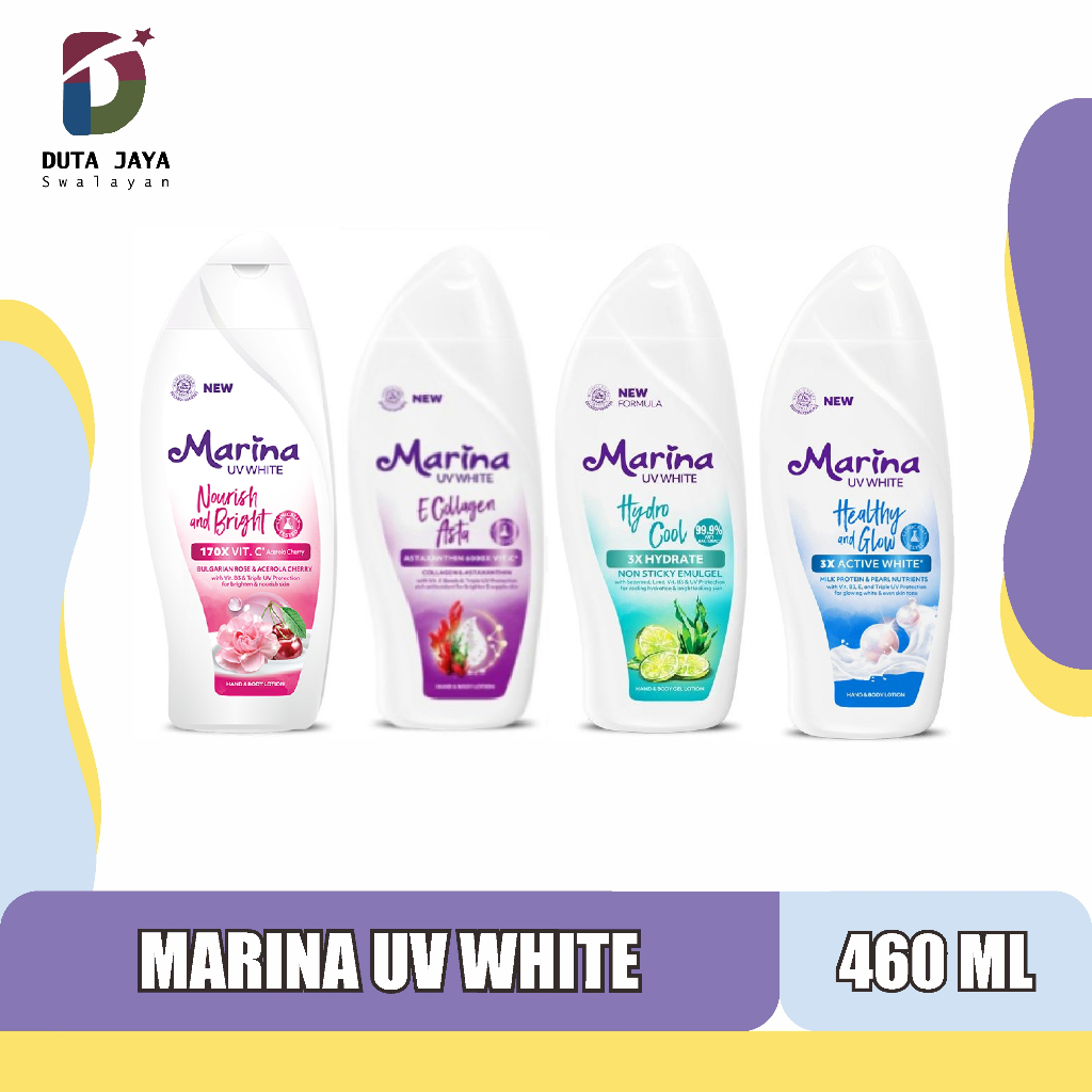 Marina UV White Hand Body Lotion Nourish &amp; Bright, E Collagen Asta, Hydro Cool, Healthy &amp; Glow 460 ML