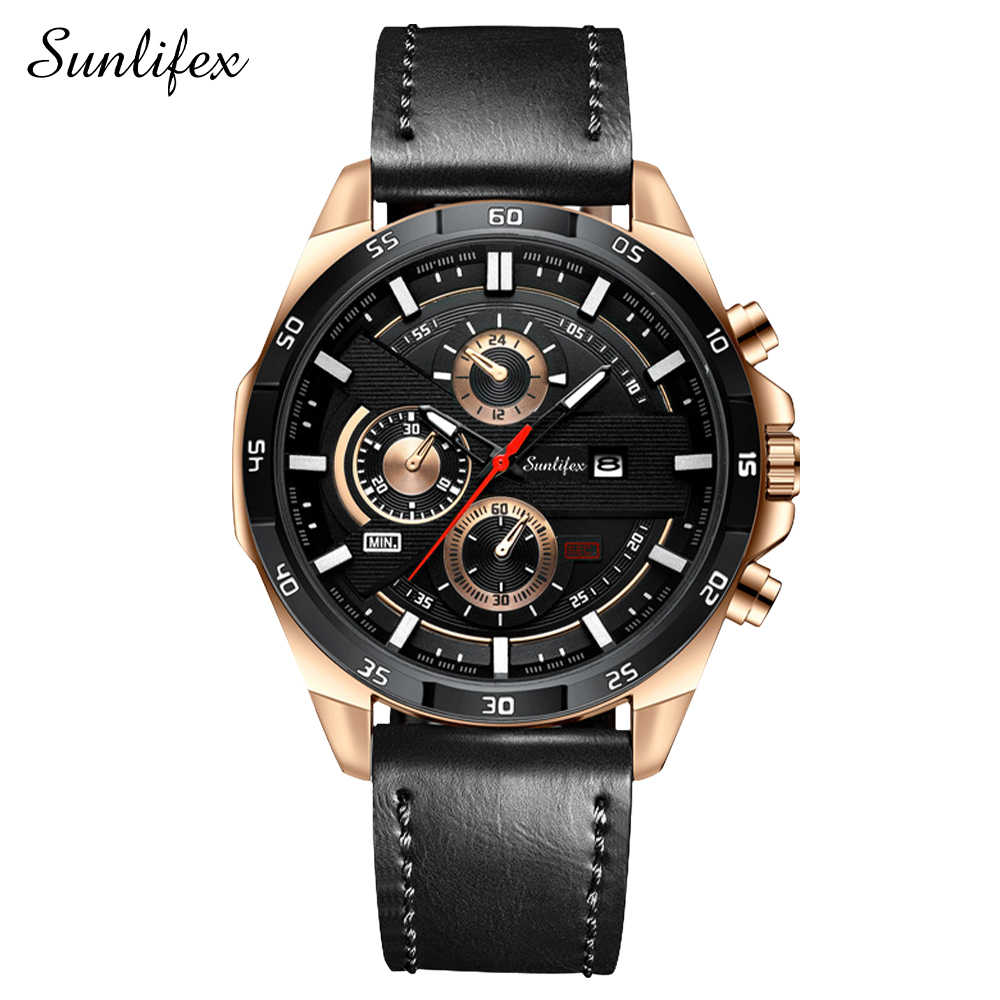 Sunlifex Jam Tangan Pria 9091 Kuarsa Tali Kulit Olahraga Mode Kalender Jam Tangan Cowok-AllBlack