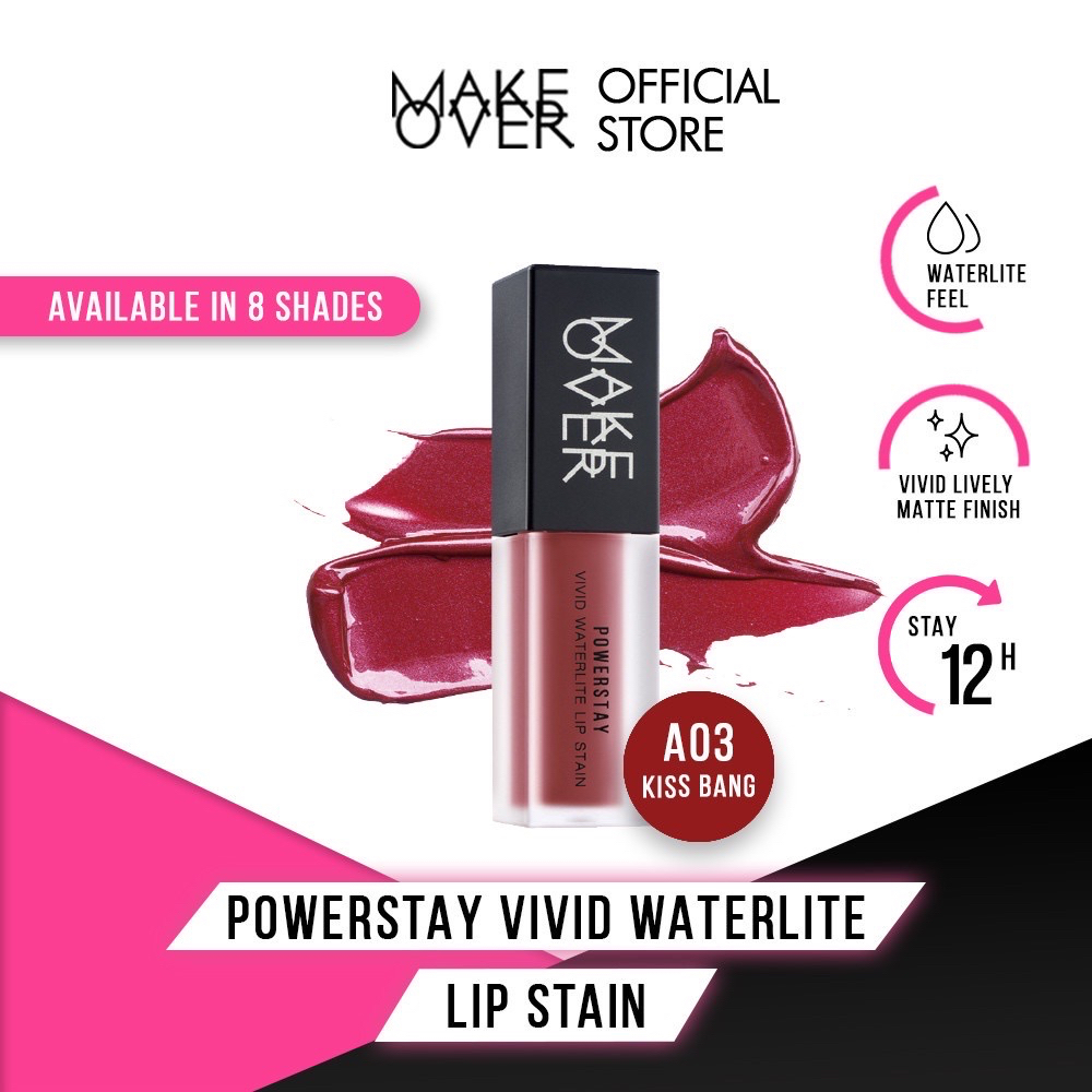 MAKE OVER Powerstay Vivid Waterlite Lip Stain Indonesia / Lip Cream 5.5g / Waterlite Feel Vivid Lively Matte Finish Stay Up To 12H / No Cracking High Coverage / Shade A01 A02 A03 A04 A05 A06 A07 A08 / Cosmetic Makeup Lips Make Up Series / Lipstick Lipstik