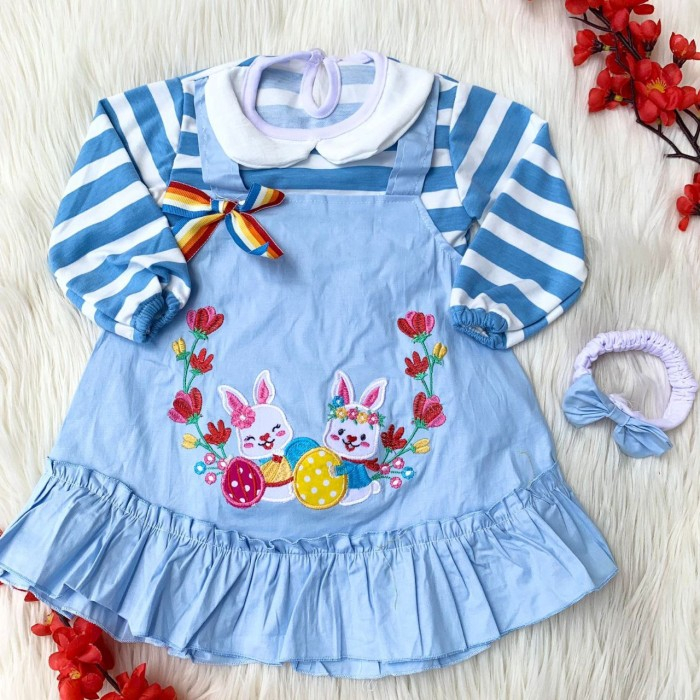 Baju dress lengan panjang kekinian lucu dapat bandana bestseller anak cewek perempuan murah -two