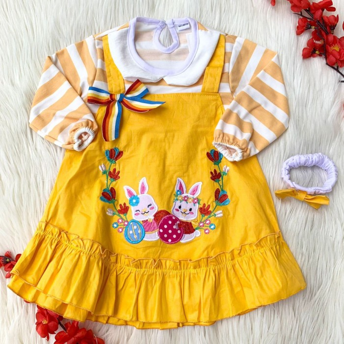 Baju dress lengan panjang kekinian lucu dapat bandana bestseller anak cewek perempuan murah -two