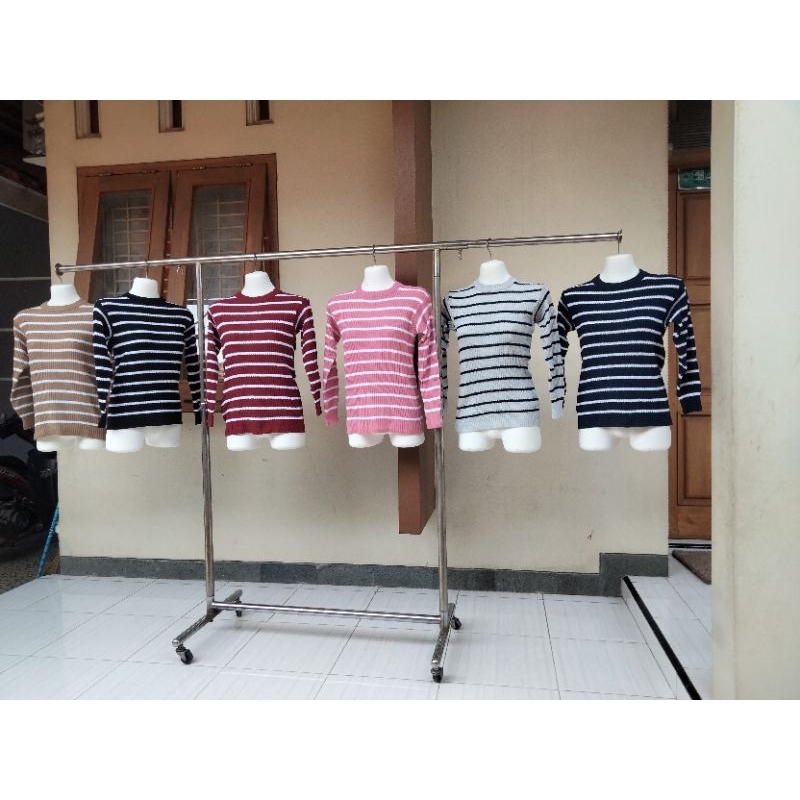 Inner Rajut Baju Wanita Rajut Lengan Panjang Motif Salur