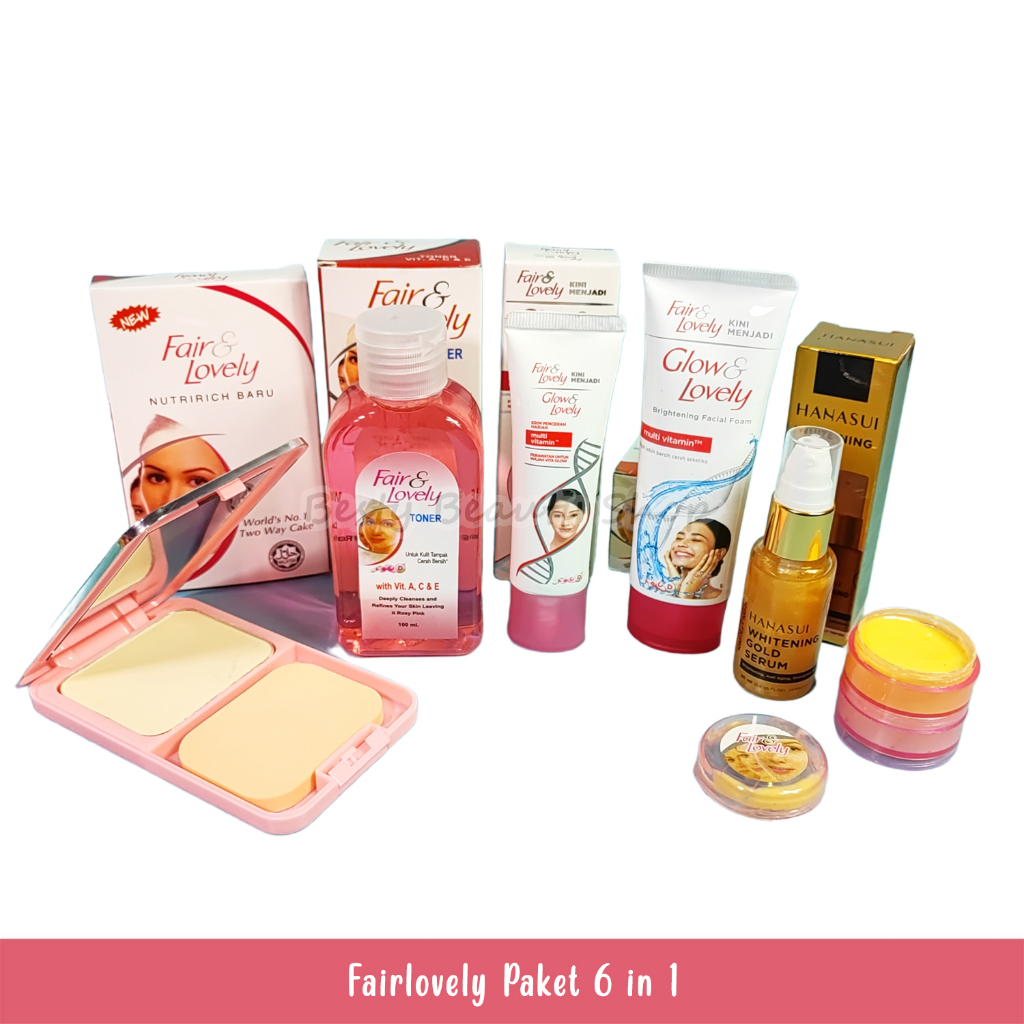 Paket 6 In 1 Fair & Lovely - Bedak - Facial Foam - Pelembab - Cream - Toner dan Serum Gold Hanasui