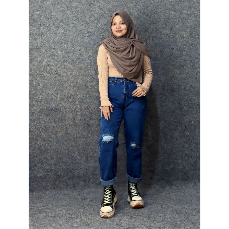 MCO-OOTD SZ 27-34 Celana jeans Boyfriend Sobek Lapis Stik Balik Bisa Dibuka