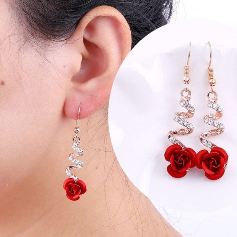 Anting Emas Gantung Bunga Mawar Merah / Anting Pesta Wanita / Anting Mewah / Anting Korea Cantik