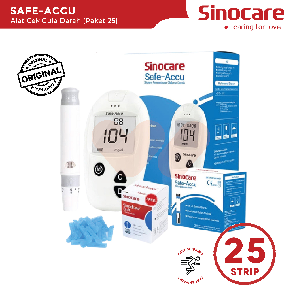 Sinocare Safe Accu Alat Cek Gula Darah/Alat Tes Gula Darah/Alat Ukur Gula Darah [Paket 25]