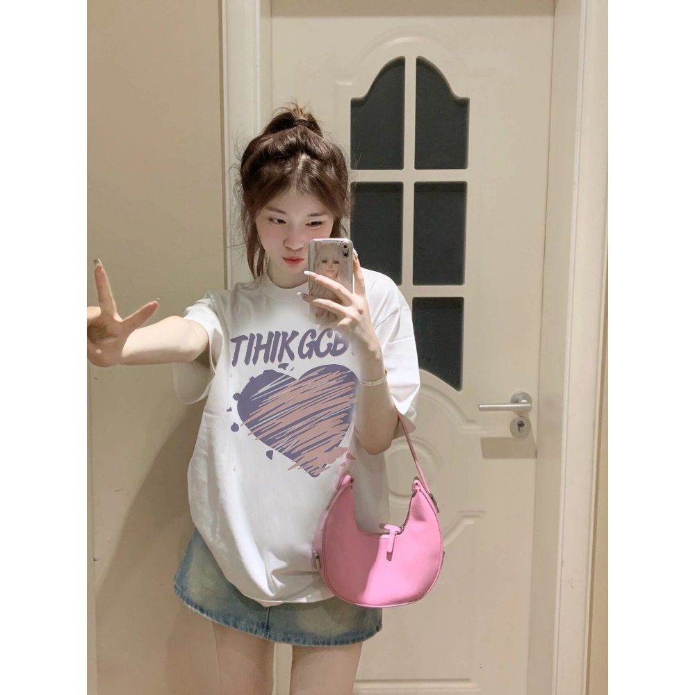 EUNII T-shirt Lengan Pendek Cartoon Pink THINK GCBV Heart Korean Style/Kaos Atasan Wanita/Baju Kaus Oversize Wanita/Kaos Wanita