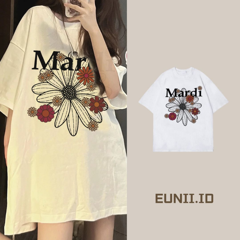 EUNII T-shirt Lengan Pendek Vintage Flowers Korean Style/Kaos Atasan Wanita/Baju Kaus Oversize Wanita/Kaos Wanita