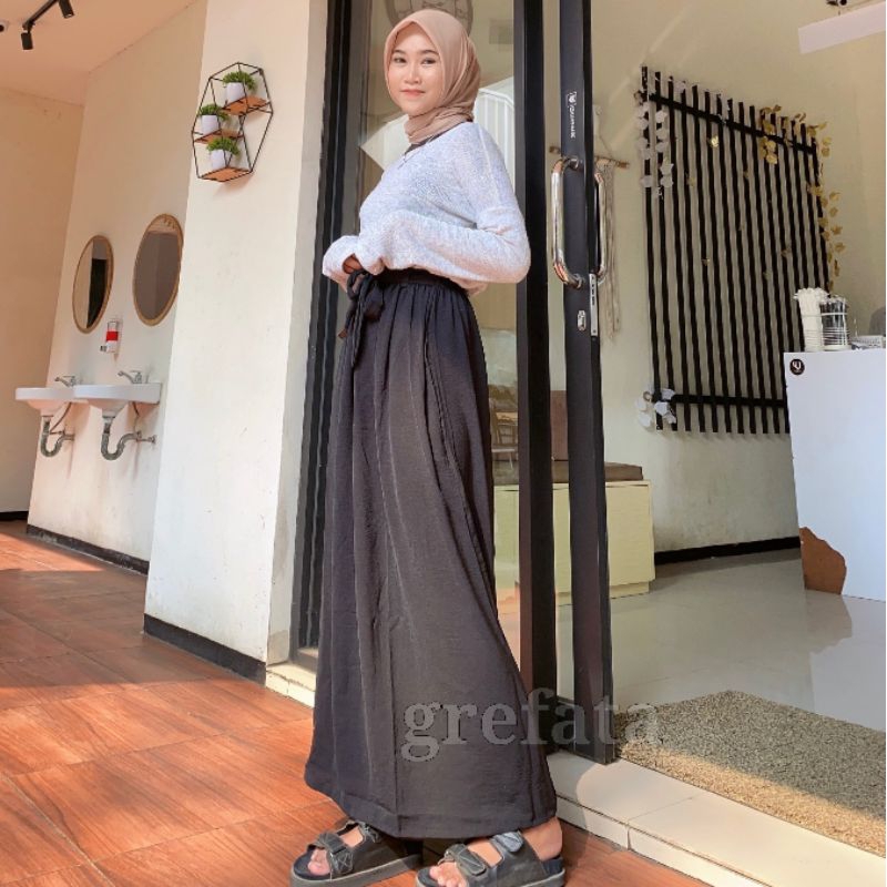 Rok A-Line Crinkle Airflow Premium Pinggang Tali Sabuk / Anrok Crincle Model Lebar Terbaru Kekinian Size Reguler Standar Jumbo Bb 45kg Sampai Bb 75kg / Rok Onder Wanita Murah Bagus Berkualitas / Grefata