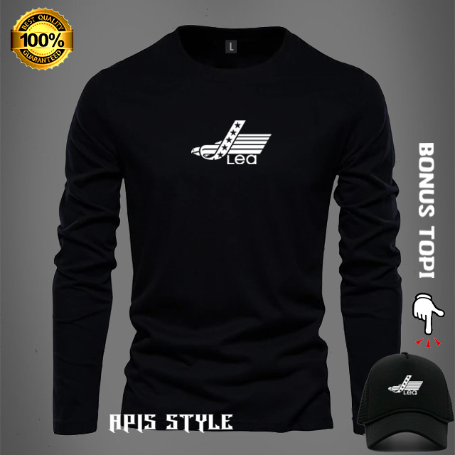 BONUS TOPI... Kaos Lengan Panjang Lea Logo Putih Kaos Distro Premium / Kaos Keren / Promo kaso murah