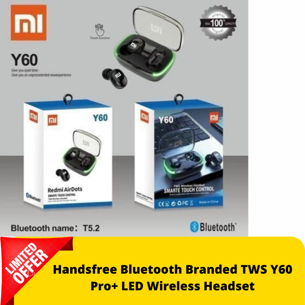 Handsfree Bluetooth Branded TWS Y60 Pro+ LED Wireless Headset