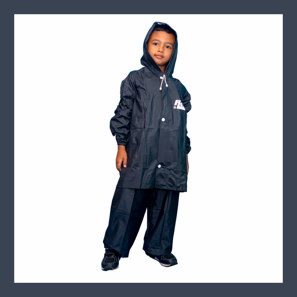 R&amp;A - Jas Hujan Setelan Anak SD / Mantel Anak Laki laki Perempuan / Raincoat Bahan PVC NYLON Hitam Premium