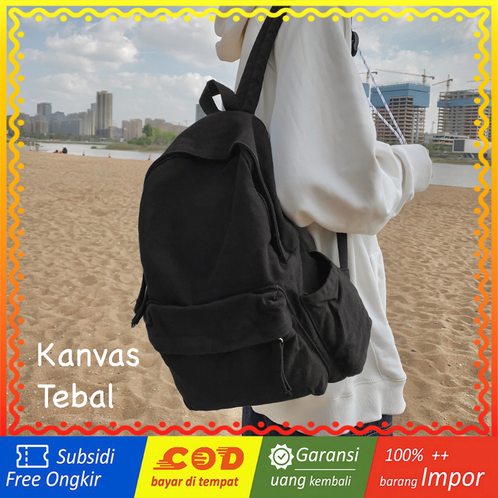 WYK150 Tas Ransel Wanita Pria Kanvas Tebal Sekolah Kuliah Backpack Impor TKM