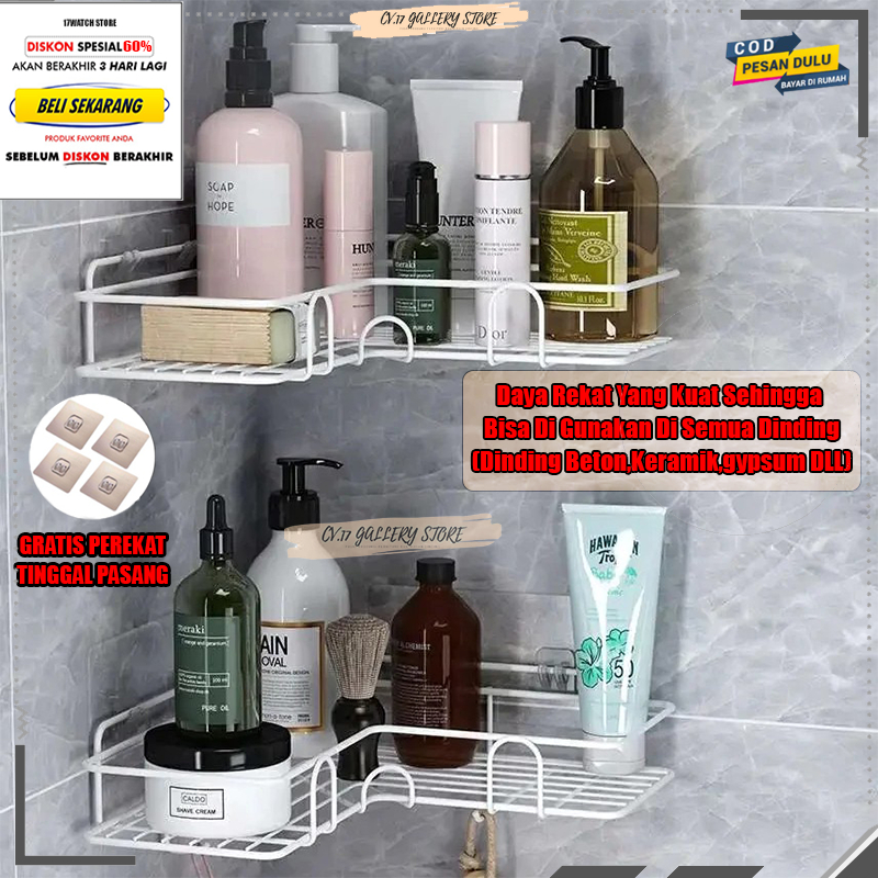 Rak Sudut Pojok Tempat Peralatan Perlengkapan Bumbu Dapur Sabun Cuci Baju Sikat Gigi Dekorasi Kamar Mandi Tempel Dinding Dingding Keramik Keranjang Besi Gantung skincare Dan Makeup Tanpa Paku Bor Stainless Anti karat Aesthetic Murah Awet Serbaguna