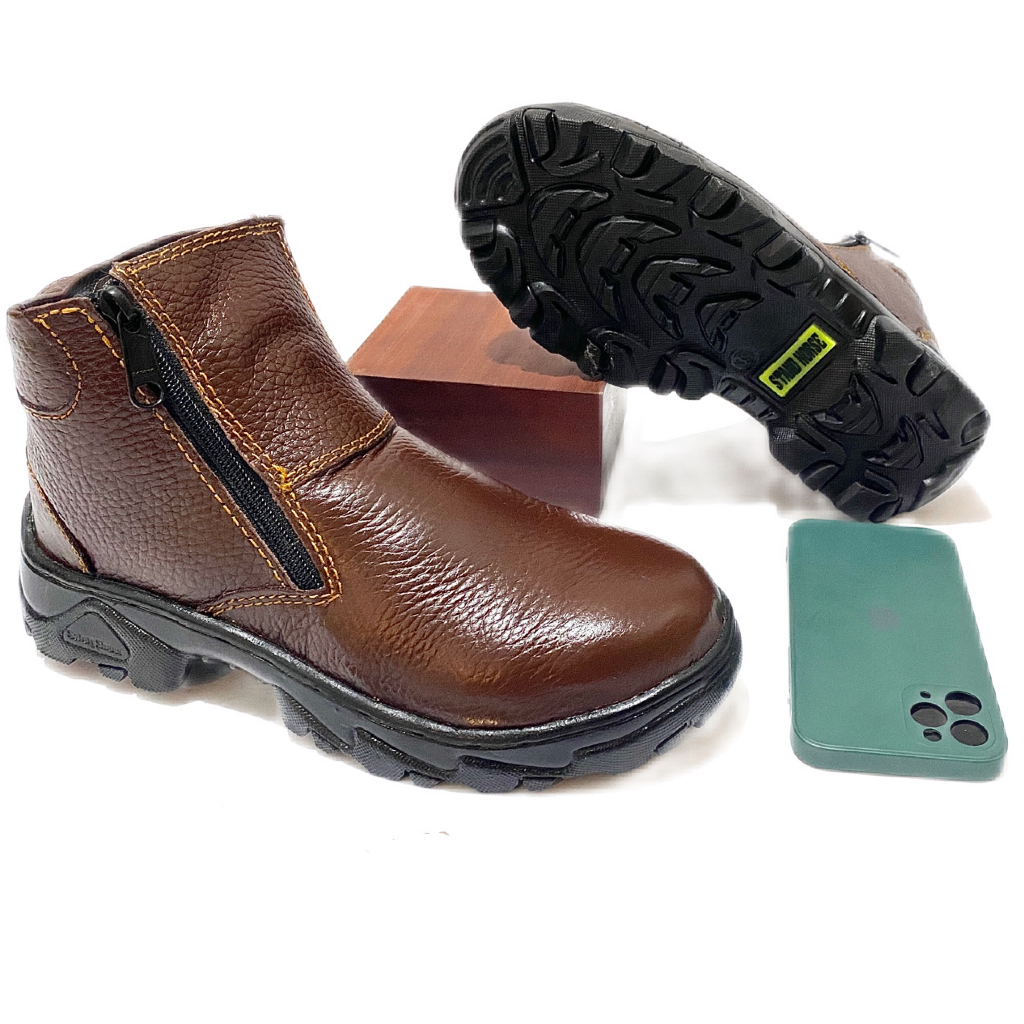 Sepatu Safety Pria STAND HORSE Zipper Kulit Asli Safety Shoes Ujung Besi Resleting Sepatu Kitchen