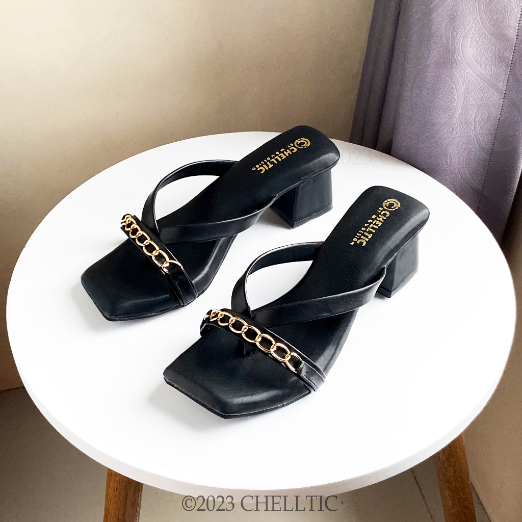 Chelltic Sandal Heels Tali Strap Jepit Wanita 5 Cm Warna Hitam Putih Salem Abu Ukuran 37-40