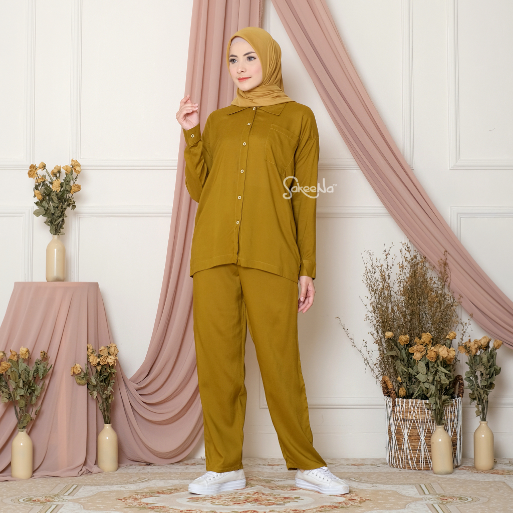 SAKEENA Pajamas Set Kemeja Dewasa Katun Rayon Polos Lengan Panjang