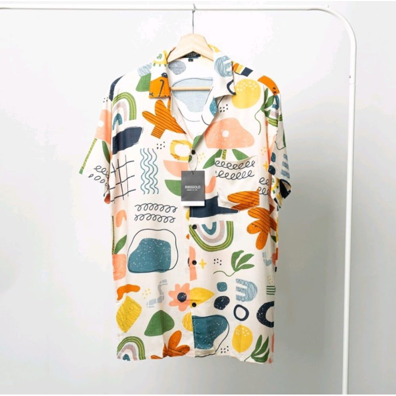 Kemeja Pria Hawai/ Kemeja Pantai Abstrak Vintage Casual Lengan Pendek Retro Bahan Rayon Viscose import adem-R-Freash