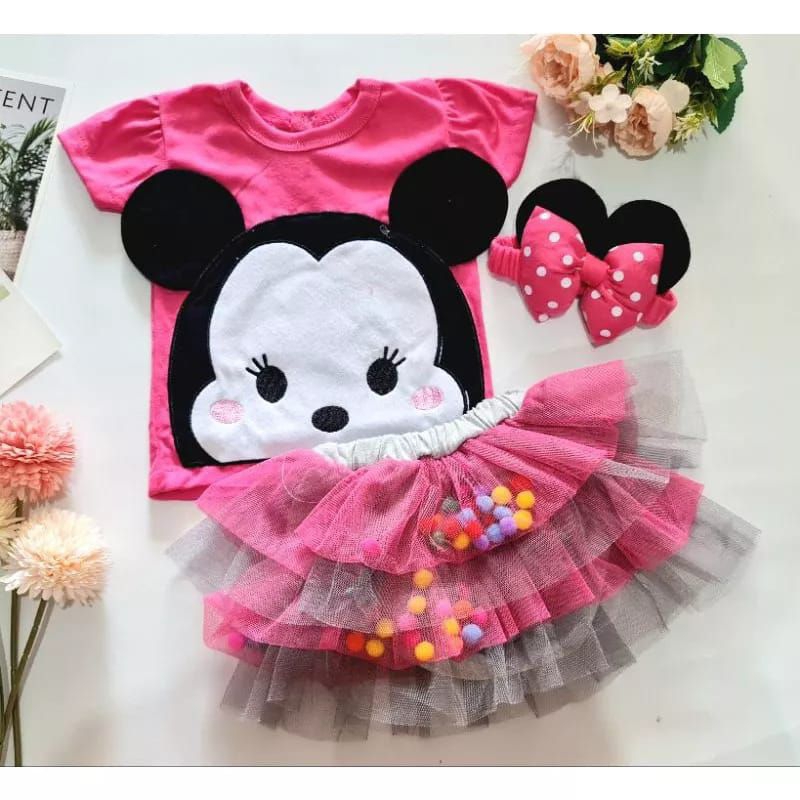 [0-18M] FREE BANDO !! Setelan Rok tutu gotik fashion anak bayi perempuan Pink Tutu TSUM TSUM POMPOM MINNIE MOUSE FREE BANDO/ hampers gift baby girl / setelan rok tutu bayi premium megar