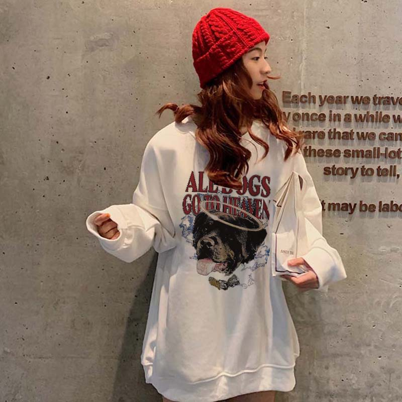 Kaos Stasan Wanita Oversize Sweater American Vintage Cartoon Graphic Dog Priting Top Kekinian Casual Sweater