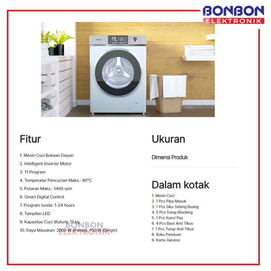 Modena Mesin Cuci Front Loading 11 kg WF 1157 / WF1157 Inverter