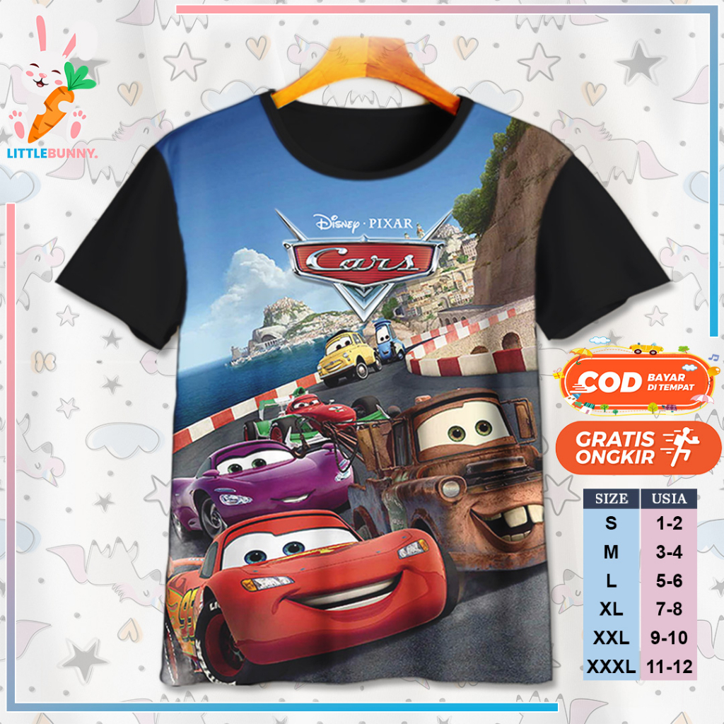 BAJU KAOS ANAK KARTUN 3D DISNEY CARS MCQUEEN V16 / KAOS ANAK 3D CARS MCQUEEN - LITTLE BUNNY