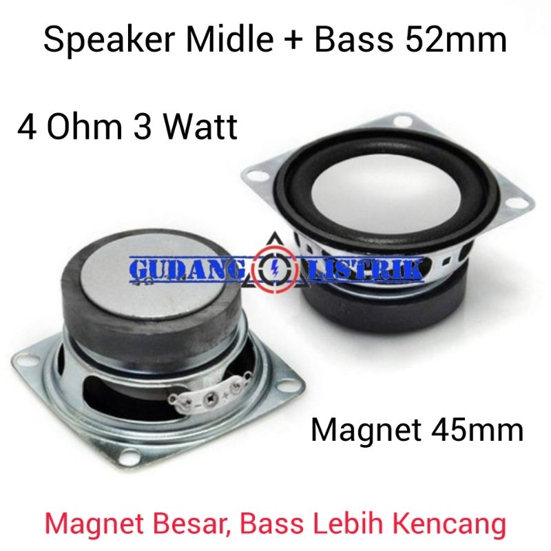 1 Biji Speaker Mini 2 Inch 52mm 4 Ohm 3 Watt Middle Bass Magnet Besar