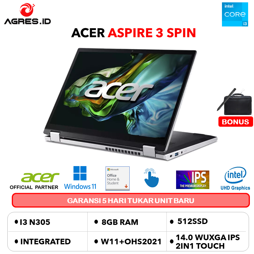 ACER ASPIRE GO SPIN AGSP14 TOUCH CORE 3 N355 8GB 512GB W11+OHS 14.0WUXGA PEN 2IN1 SLV -31PT-386W