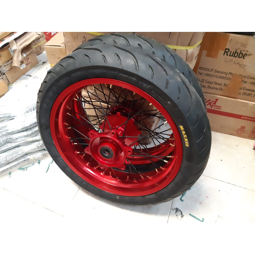 SALEE PAKET VELG WHEELSET SUPERMOTO WARNA GOLD MERAH BIRU CRF 150 KLX 150 ROSSI WM 300 350 H36 + BAN