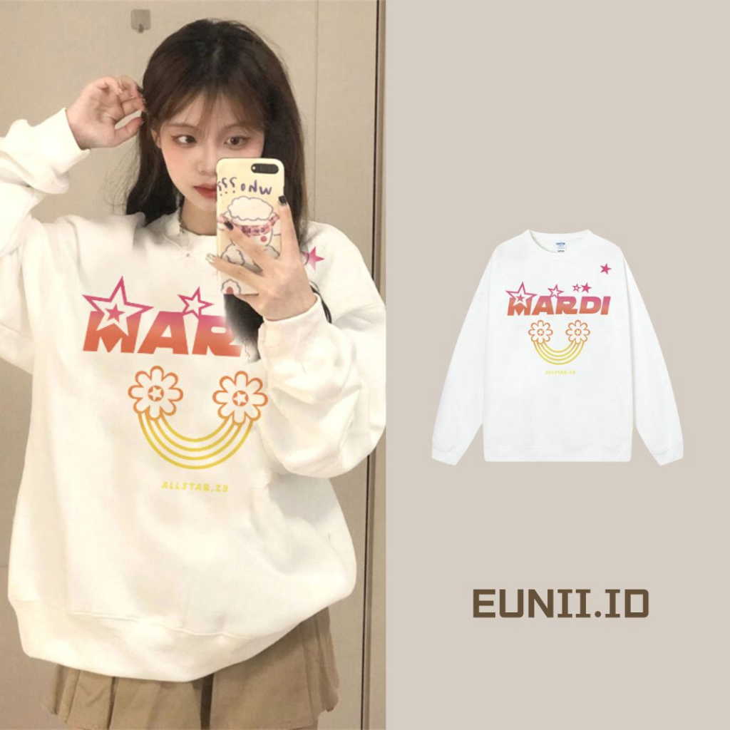 EUNII Sweater Lengan Panjang Cartoon Colorful Mardi Printing Korean Style/Sweater Crop/Baju Wanita/Switer Wanita/Switer