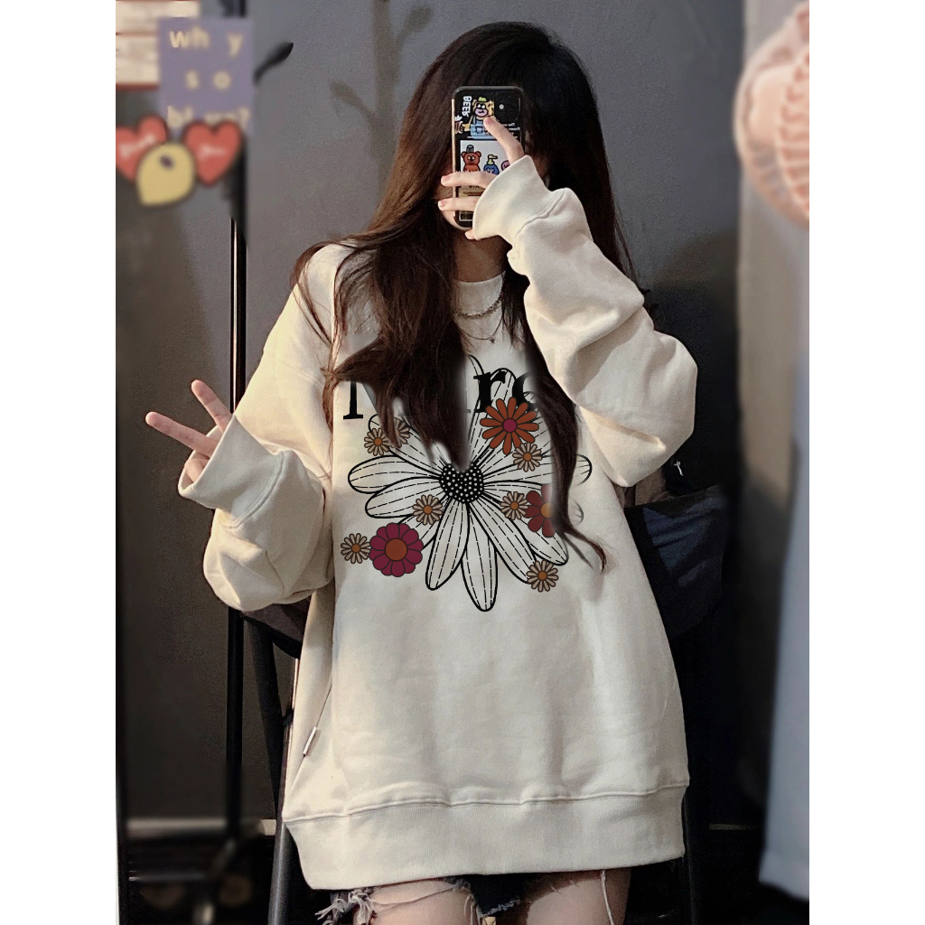 EUNII Sweater Lengan Panjang Cartoon Daisy Flower Printing Korean Style/Sweater Crop/Baju Wanita/Switer Wanita/Switer