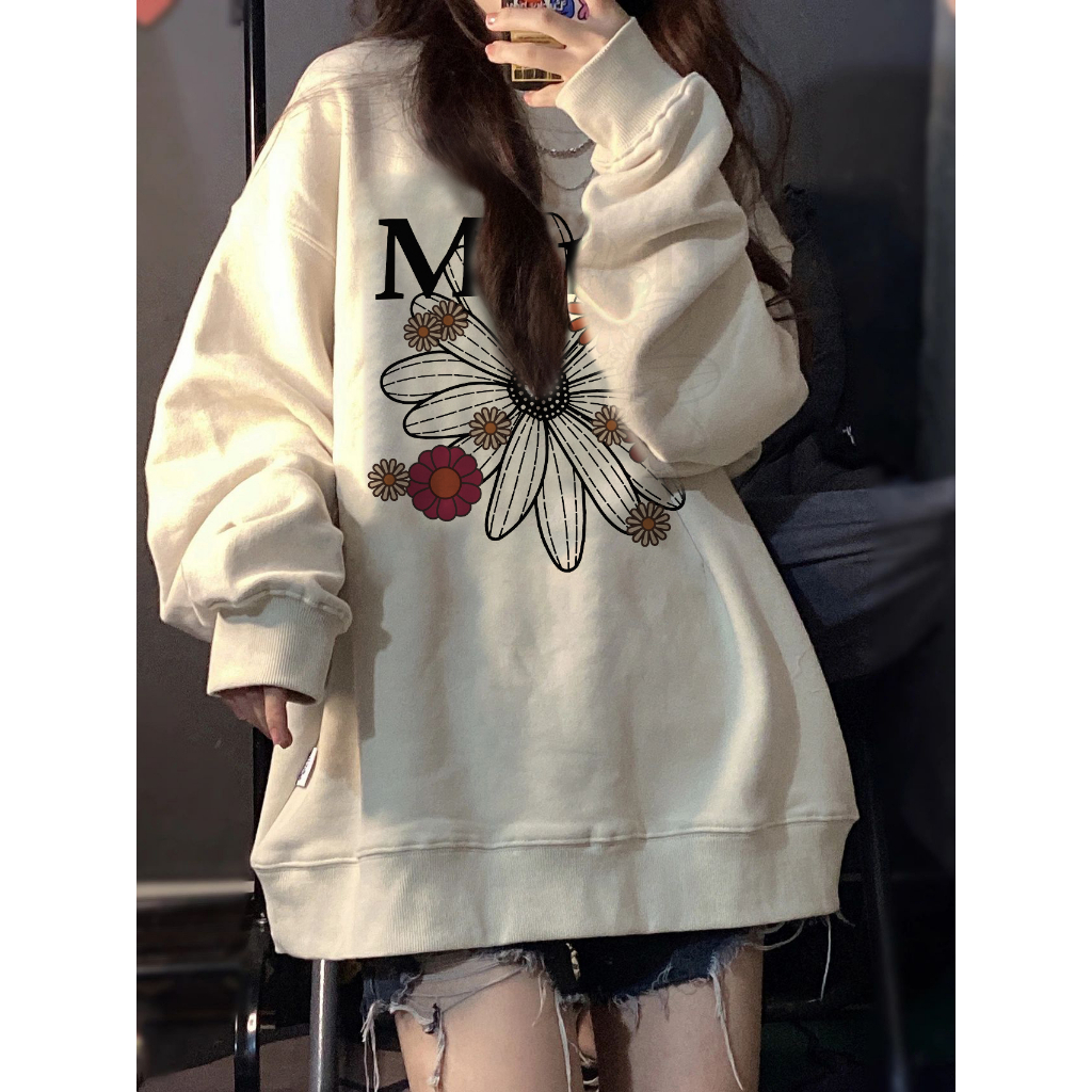 EUNII Sweater Lengan Panjang Cartoon Daisy Flower Printing Korean Style/Sweater Crop/Baju Wanita/Switer Wanita/Switer