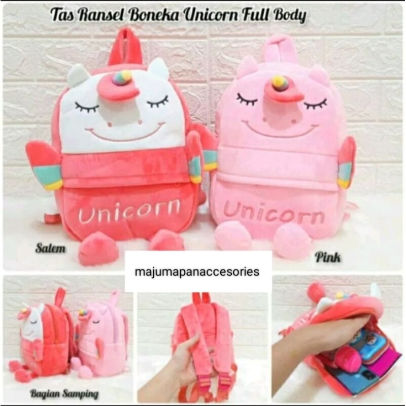 Tas Ransel Boneka Karakter Unicorn untuk Anak, Desain Lucu dengan 2 Ruang dan Resleting, Warna Pink 