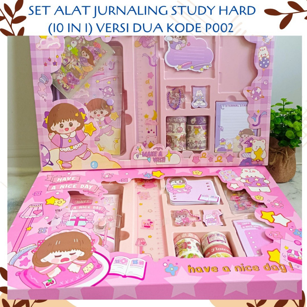 

1 SET ALAT JURNALING STUDY HARD (10 IN 1) VERSI DUA SOLATIP WASHI TAPE DAN STICKER NOTEBOOK A5 STICKY NOTES JOURNAL KODE P002